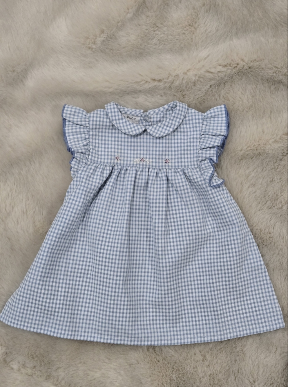 Marie Puce Paris Blue Gingham Smocked Baby Dress 6M Peter Pan Collar